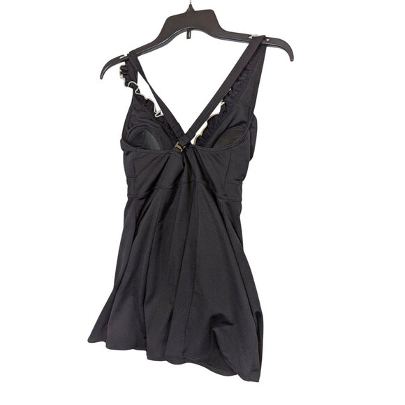 Black Ruffled V-Neck Swim Dress With Adjustable Straps & Drawstring Tie By Calyp - Picture 3 of 4